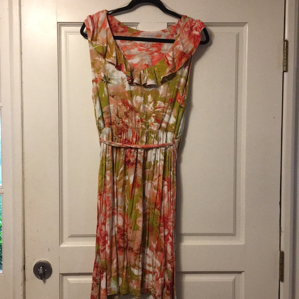 Floral ruffle jersey dress with tie waist